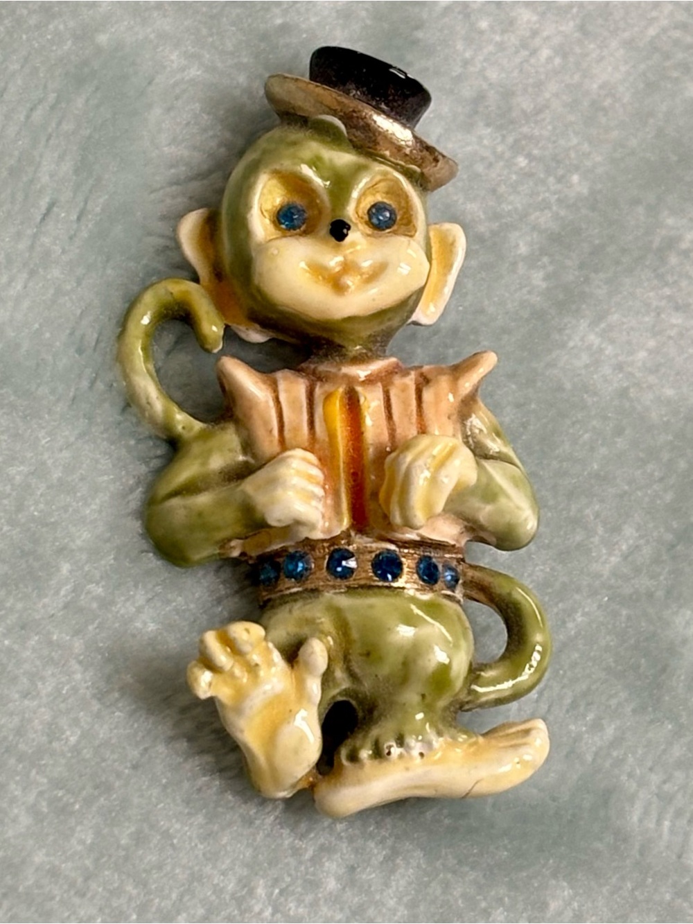 Vintage Har Enamel Carnival Organ Grinder Monkey Enamel Brooch w Rhinestones